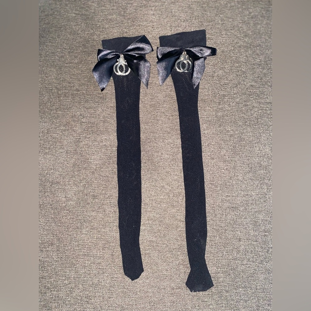Knee-High Fishnet Stockings with Bows & Mini Handcuffs